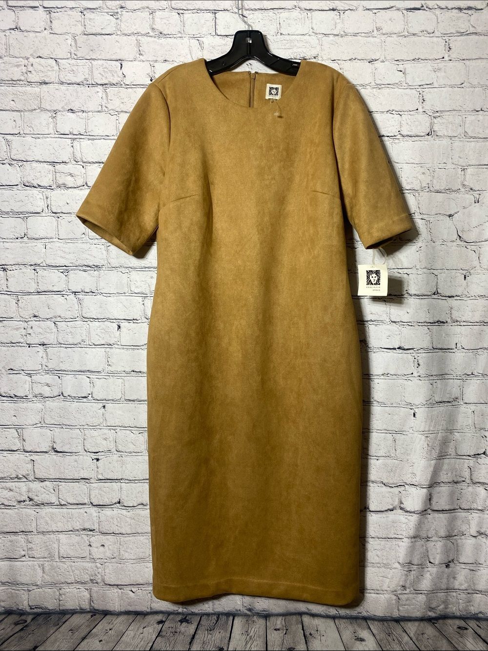 Anne Klein Dress Womens 14 Camel Faux Suede Sheath Midi Career NWT Stretch